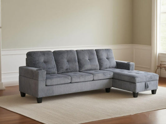 (COURTNEY GREY)- REVERSIBLE- CORDUROY 4 SEATER STORAGE SECTIONAL SOFA- TEXT OR WHATSAPP 416 319 8851 FOR STOCK AVAILABILITY BEFORE PAYING