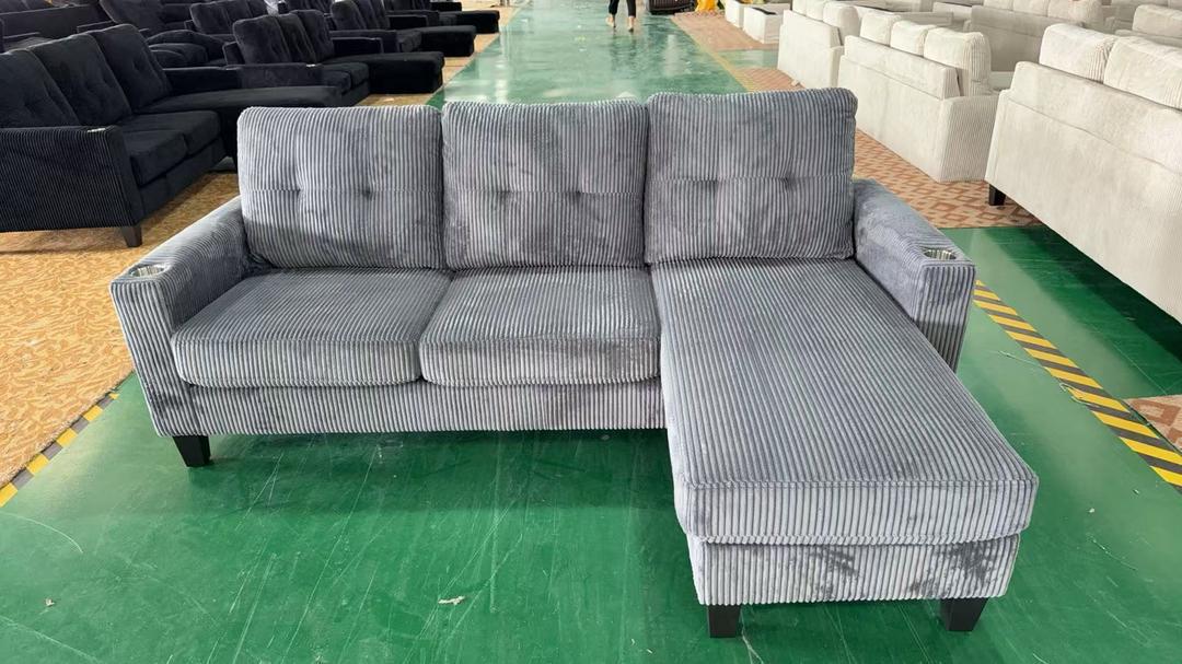(VILLAGE GREY)- REVERSIBLE- CORDUROY 3 SEATER SECTIONAL SOFA- TEXT OR WHATSAPP 416 319 8851 FOR STOCK AVAILABILITY BEFORE PAYING