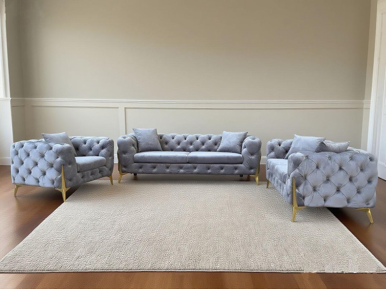 (FV ROLA GREY SLC)- VELVET FABRIC- BUTTON TUFTED- SOFA + LOVESEAT + CHAIR- TEXT OR WHATSAPP 416 319 8851 FOR STOCK AVAILABILITY BEFORE PAYING