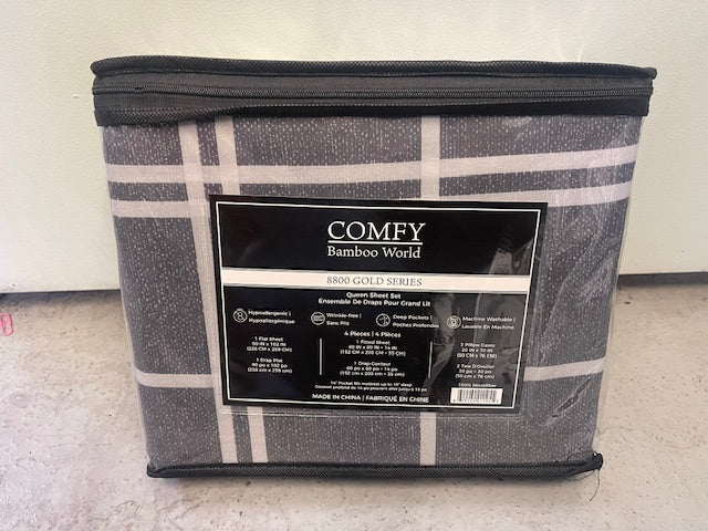 QUEEN SIZE- (COMFY BAMBOO WORLD- GREY PRINT)- MICROFIBER- 4 PC. SHEET SET