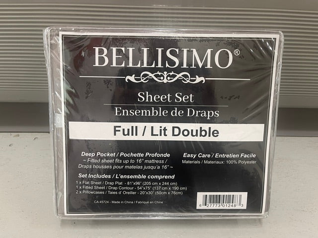 DOUBLE (FULL) SIZE- (BELLISIMO SOLID GREY)- 16" DEEP- 4 PC. BED SHEET SET