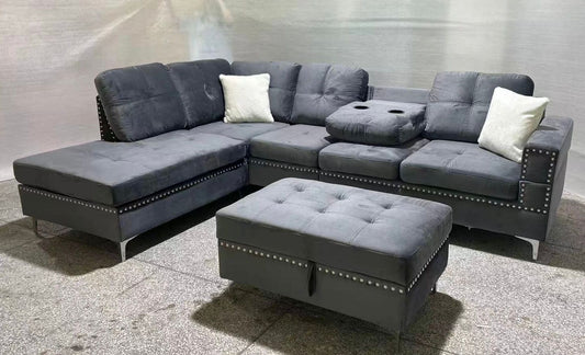 (2402 GREY)- REVERSIBLE- VELVET FABRIC SECTIONAL SOFA- WITH STORAGE OTTOMAN