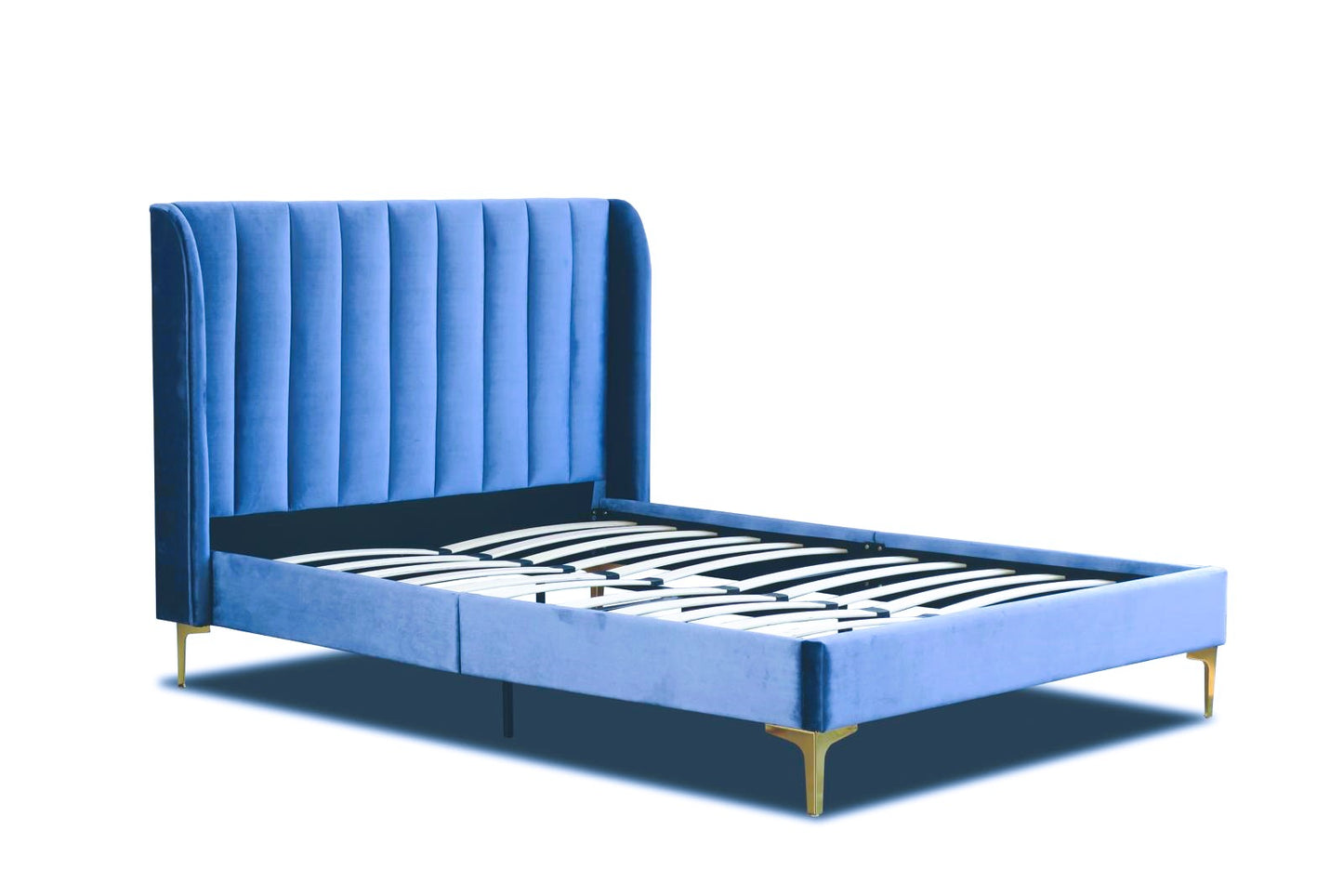 DOUBLE (FULL) SIZE- (HERMAN BLUE)- VELVET FABRIC BED FRAME- WITH SLATS