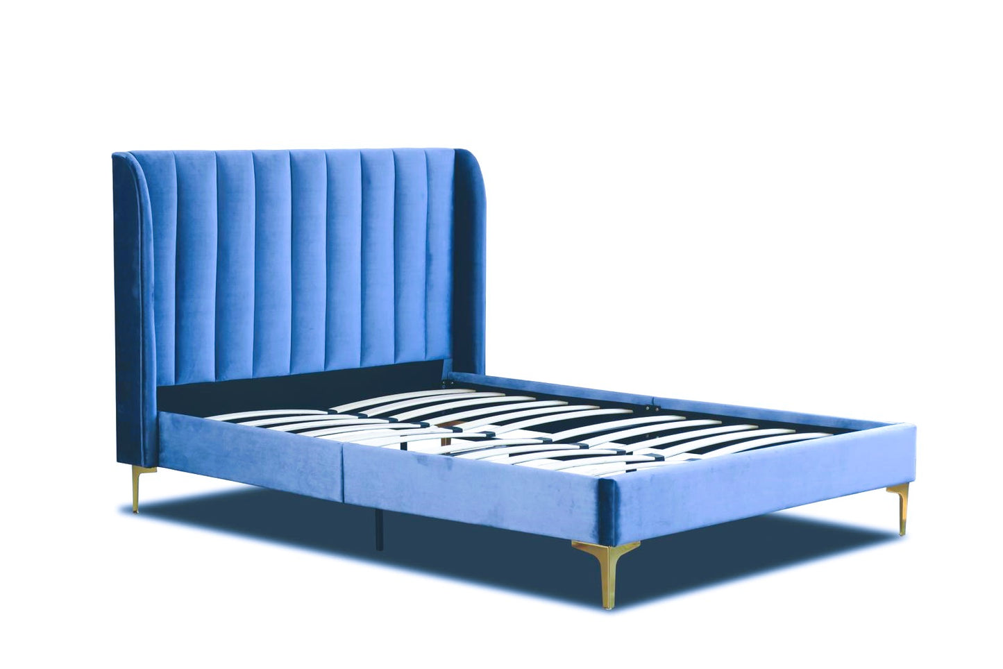 QUEEN SIZE- (HERMAN BLUE)- VELVET FABRIC BED FRAME- WITH SLATS