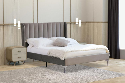 KING SIZE- (HERMAN GREY)- VELVET FABRIC BED FRAME- WITH SLATS