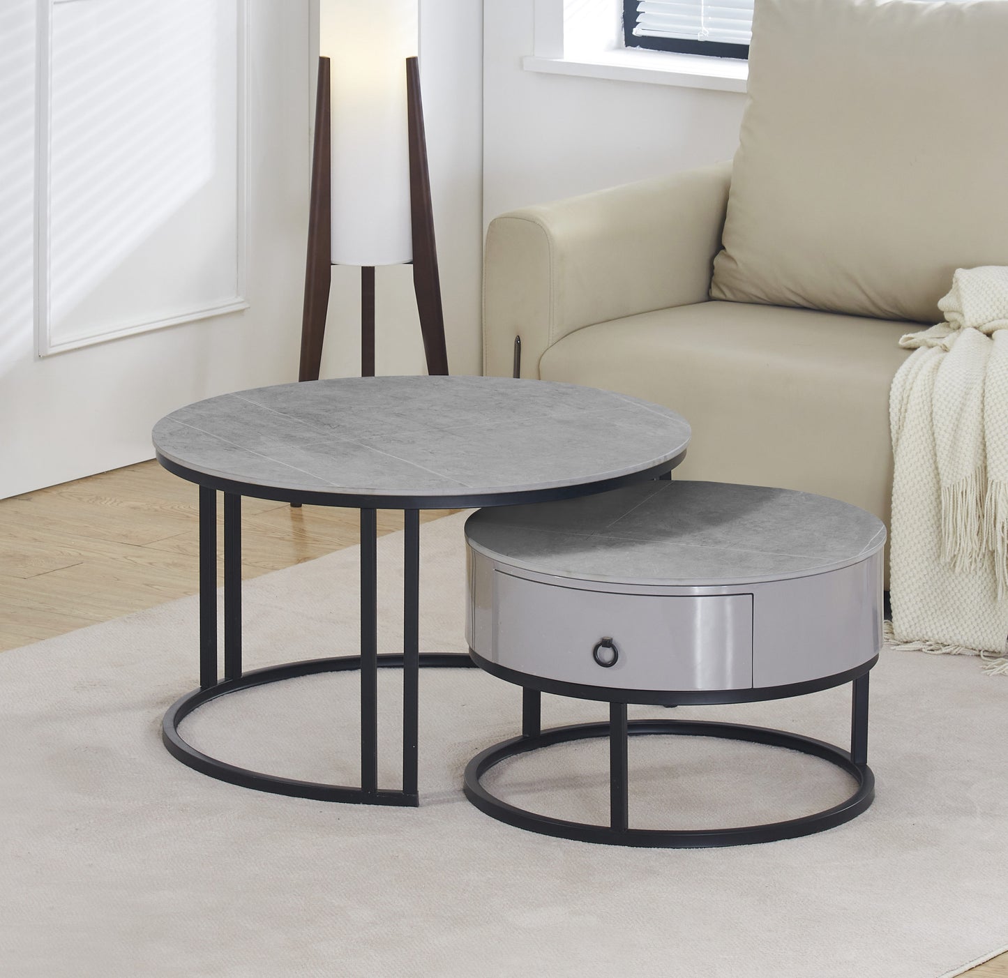 (2668 GREY) - SINTERED STONE NESTING COFFEE TABLE- WITH DRAWER