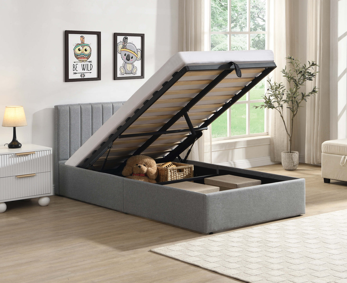 TWIN (SINGLE) SIZE- (5163 GREY)- FABRIC BED FRAME- WITH LIFT UP STORAGE