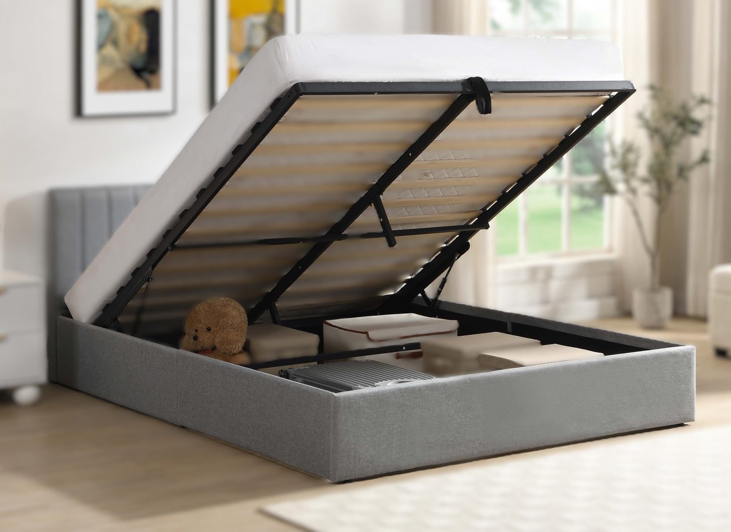 DOUBLE (FULL) SIZE- (5163 GREY)- FABRIC BED FRAME- WITH LIFT UP STORAGE
