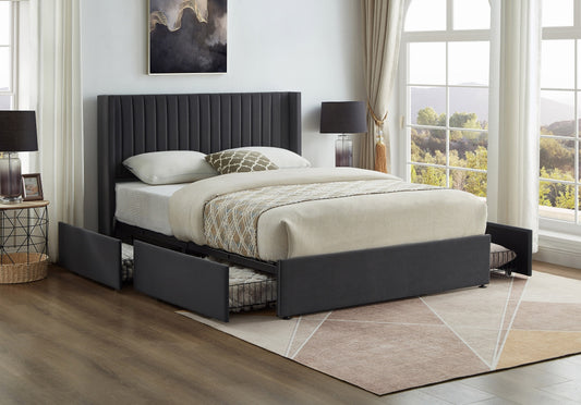 DOUBLE (FULL) SIZE- (5408 DARK GREY)- VELVET FABRIC BED FRAME- WITH 4 DRAWERS