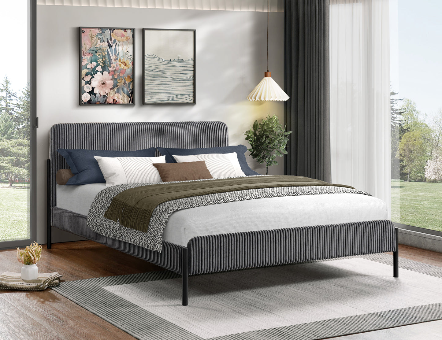 DOUBLE (FULL) SIZE- (5587 GREY)- CORDUROY BED FRAME- WITH SLATS