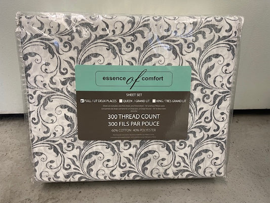 DOUBLE (FULL) SIZE- (ESSENCE OF COMFORT GREY PRINT)- 300 THREAD COUNT- 4 PC. SHEET SET