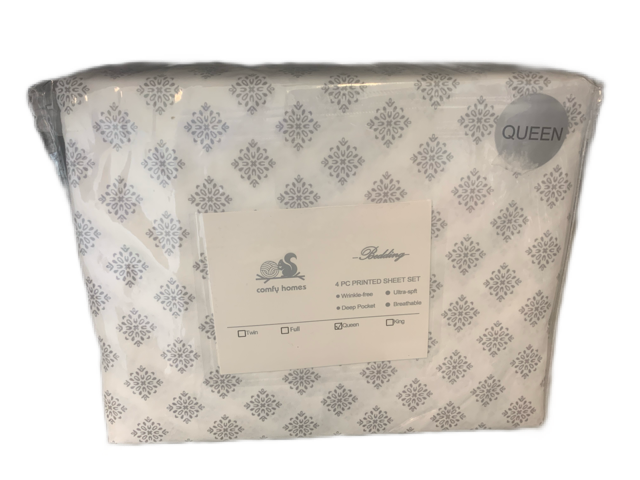 QUEEN SIZE- (COMFY HOMES- WHITE PRINT)- 4 PC. SHEET SET