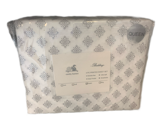 QUEEN SIZE- (COMFY HOMES WHITE PRINT)- 4 PC. SHEET SET