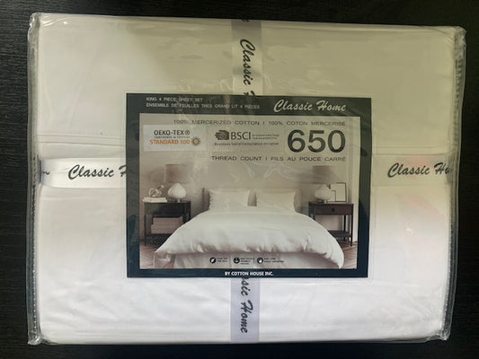 KING SIZE- (CLASSIC HOME WHITE)- 100% COTTON- 650 THREAD COUNT- 4 PC. SHEET SET