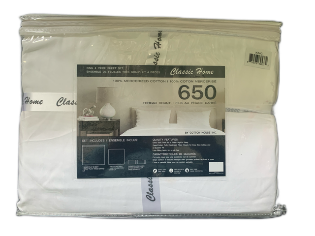 KING SIZE- (CLASSIC HOME WHITE)- 650 THREAD COUNT- 100% COTTON- 4 PC. SHEET SET