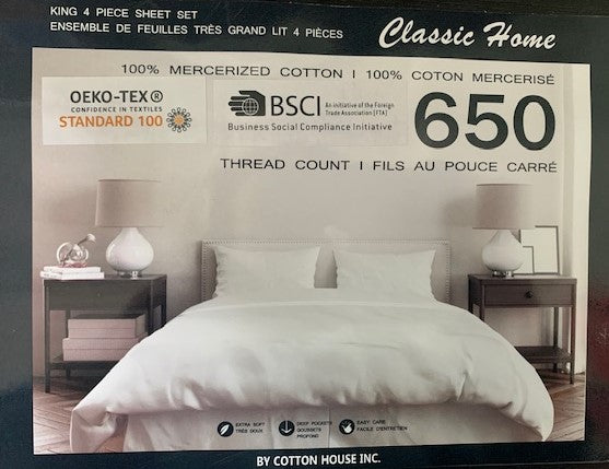 KING SIZE- (CLASSIC HOME WHITE)- 100% COTTON- 650 THREAD COUNT- 4 PC. SHEET SET