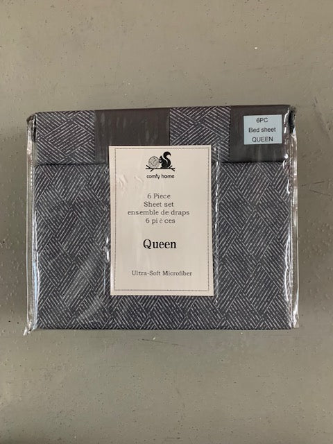 QUEEN SIZE- (COMFY HOME GREY PRINT)- 6 PC. SHEET SET