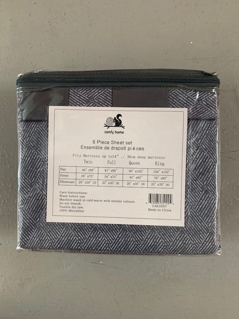 QUEEN SIZE- (COMFY HOME GREY PRINT)- 6 PC. SHEET SET