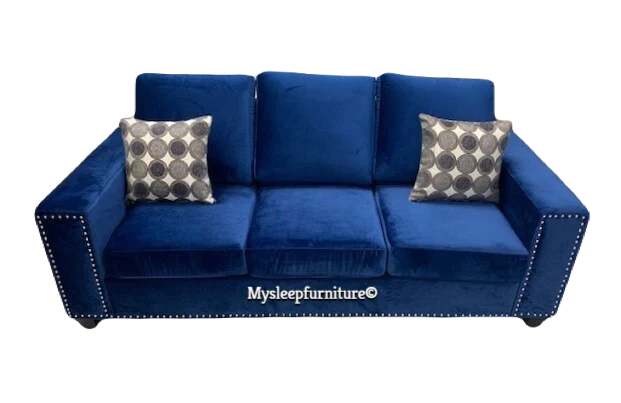 (817NH BLUE- 1 PILLOW BACK)- CANADIAN MADE- VELVET FABRIC SOFA- INVENTORY CLEARANCE