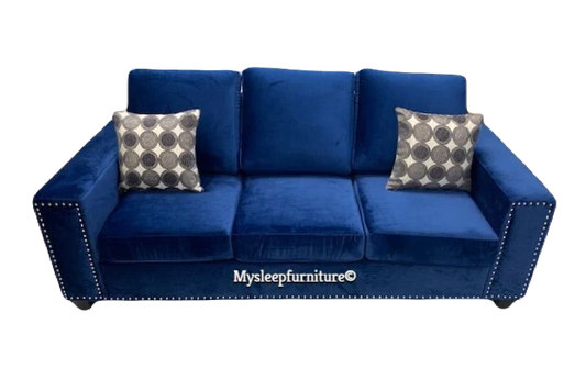 (817NH BLUE SL PILLOW BACK)- VELVET FABRIC- CANADIAN MADE- SOFA + LOVESEAT (DELIVERY AFTER 3 WEEKS)