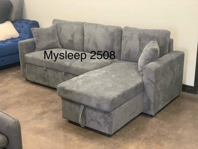(2508 LIGHT GREY)- 88" LONG- REVERSIBLE- CORDUROY FABRIC SECTIONAL SOFA WITH PULL OUT BED