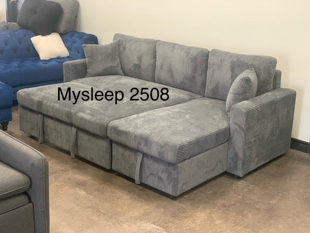 (2508 LIGHT GREY)- 88" LONG- REVERSIBLE- CORDUROY FABRIC SECTIONAL SOFA WITH PULL OUT BED