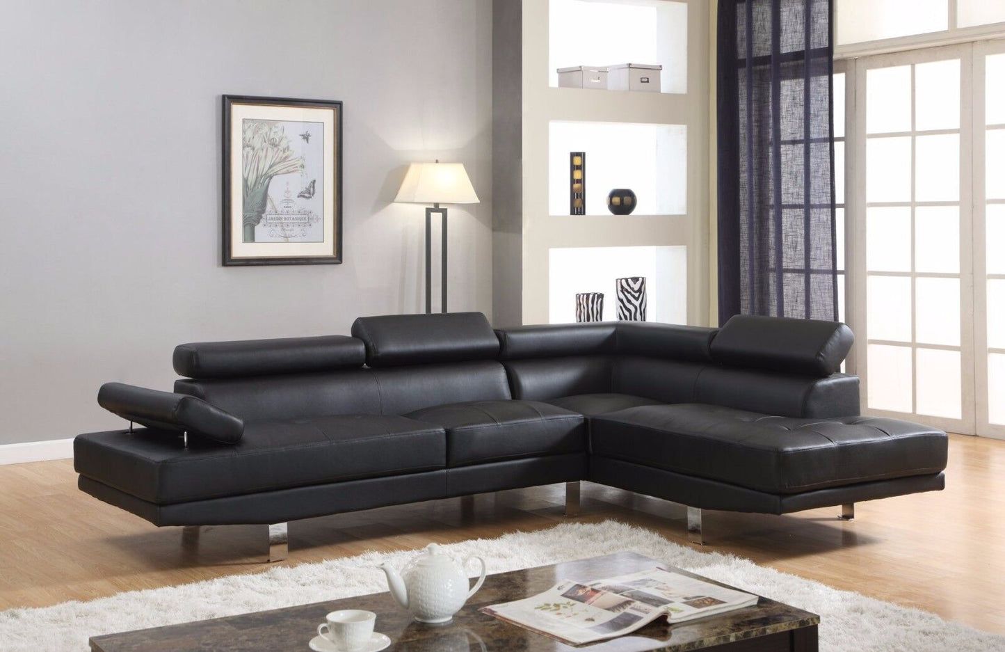 (JENNY BLACK RHF)- AIR LEATHER SECTIONAL SOFA- WITH HEADRESTS- TEXT OR WHATSAPP 416 319 8851 FOR STOCK AVAILABILITY BEFORE PAYING