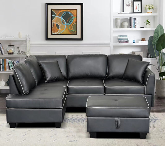 (JUPITER BLACK)- 88" LONG- REVERSIBLE- LEATHER SECTIONAL SOFA- WITH STORAGE OTTOMAN- TEXT OR WHATSAPP 416 319 8851 FOR STOCK AVAILABILITY BEFORE PAYING
