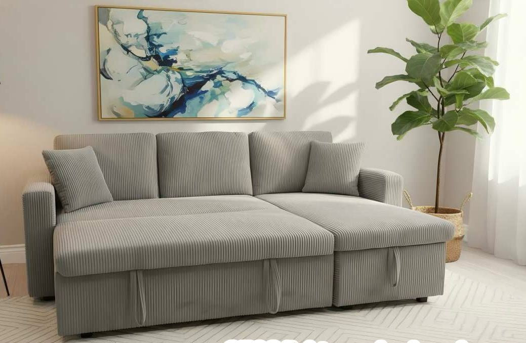(2508 LIGHT GREY)- 88" LONG- REVERSIBLE- CORDUROY FABRIC SECTIONAL SOFA WITH PULL OUT BED