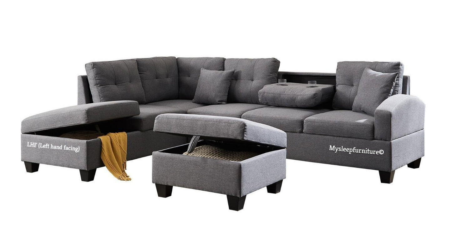 (LILYHAMMER GREY LHF)- FABRIC SECTIONAL SOFA- WITH STORAGE OTTOMAN