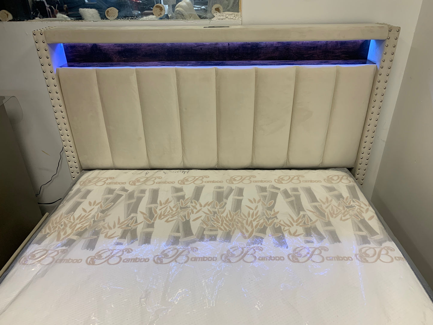 QUEEN SIZE- (MARK BEIGE)- VELVET FABRIC BED FRAME IN A BOX- WITH 4 DRAWERS- WITH LIGHT- WITH SLATS