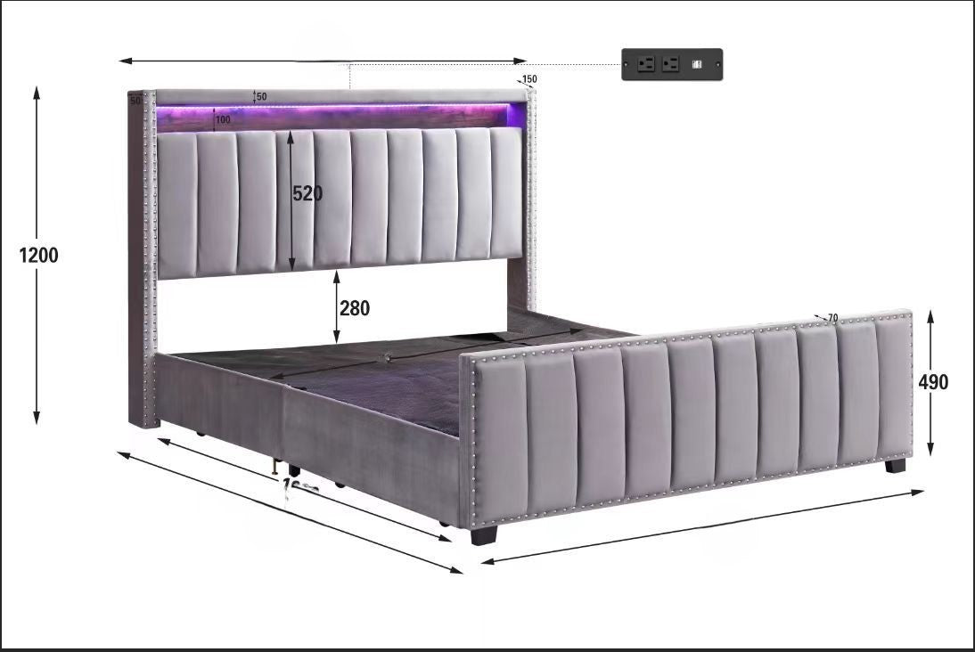 DOUBLE (FULL) SIZE- (MARK BEIGE)- VELVET FABRIC BED FRAME IN A BOX- WITH 4 DRAWERS- WITH LIGHT- WITH SLATS