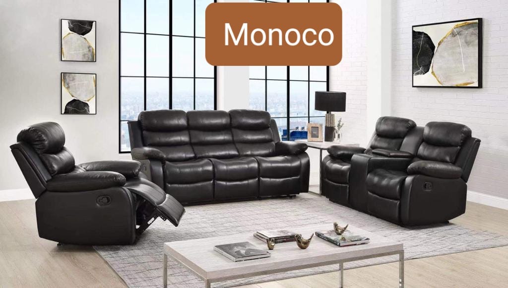 (MONOCO BLACK MANUAL SLC)- LEATHER RECLINER 3 PC SOFA SET- TEXT OR WHATSAPP @ 416 319 8851 FOR STOCK AVAILABILITY BEFORE PAYING