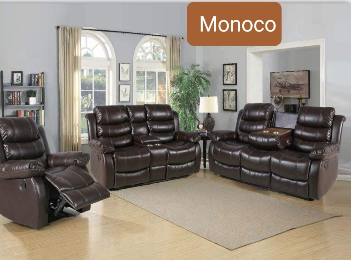 (MONOCO BROWN MANUAL SLC)- LEATHER RECLINER 3 PC SOFA SET- TEXT OR WHATSAPP @ 416 319 8851 FOR STOCK AVAILABILITY BEFORE PAYING