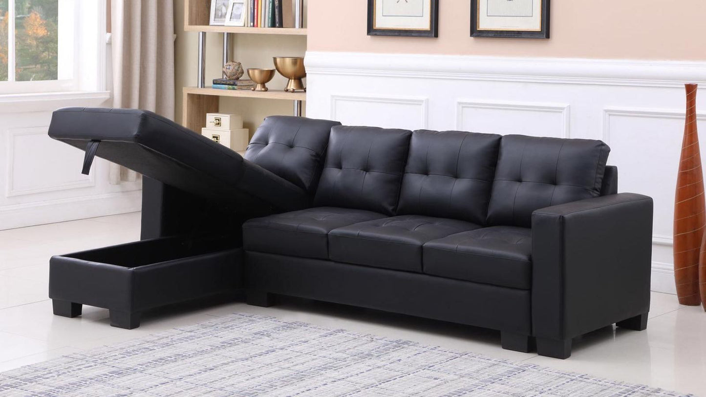 (QUEENS BLACK LHF)- LEATHER SECTIONAL SOFA- WITH STORAGE