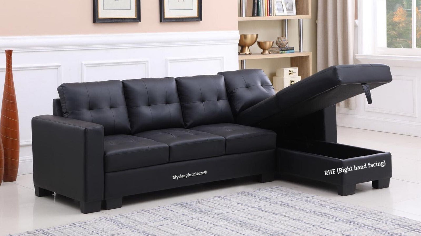 (QUEENS BLACK RHF)- LEATHER SECTIONAL SOFA- WITH STORAGE