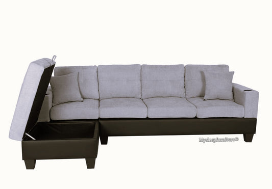 (QUEENS GREY TWO TONE)- REVERSIBLE- VELVET FABRIC SECTIONAL SOFA- WITH STORAGE