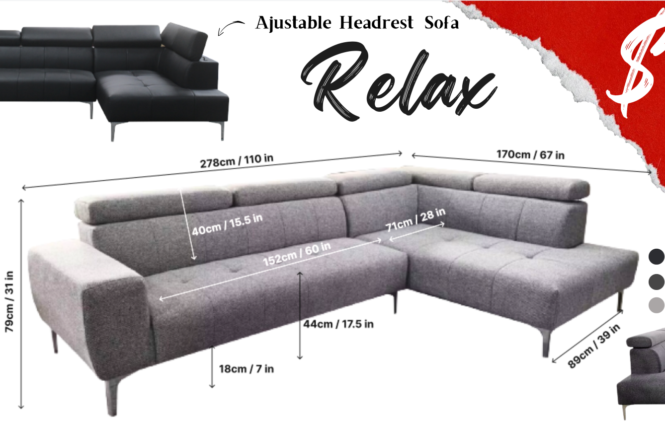(RELAX LIGHT GREY RHF)- FABRIC SECTIONAL SOFA- WITH HEADRESTS