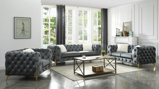 (ROLA GREY SLC)- VELVET FABRIC- BUTTON TUFTED- SOFA + LOVESEAT + CHAIR- TEXT OR WHATSAPP 416 319 8851 FOR STOCK AVAILABILITY BEFORE PAYING