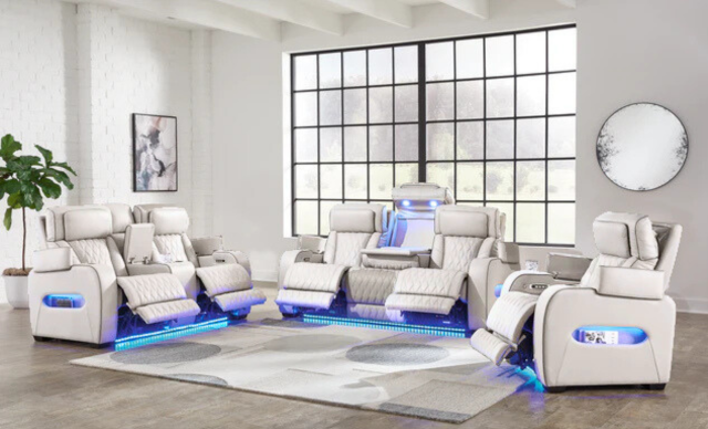 (2427 OFF WHITE SLC)- LEATHER POWER RECLINER 3 PC SOFA SET- TEXT OR WHATSAPP @ 416 319 8851 FOR STOCK AVAILABILITY BEFORE PAYING