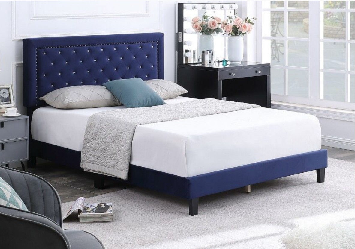 DOUBLE (FULL) SIZE- (SOLO BLUE)- CRTYSTAL TUFTED- VELVET FABRIC BED FRAME- WITH SLATS