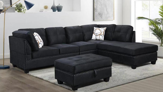 (SNOW BLACK)- 110" LONG- REVERSIBLE- FABRIC SECTIONAL SOFA- WITH STORAGE OTTOMAN- TEXT OR WHATSAPP 416 319 8851 FOR STOCK AVAILABILITY BEFORE PAYING