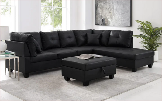 (COLLEGE BLACK RHF)- LEATHER SECTIONAL SOFA- WITH STORAGE OTTOMAN