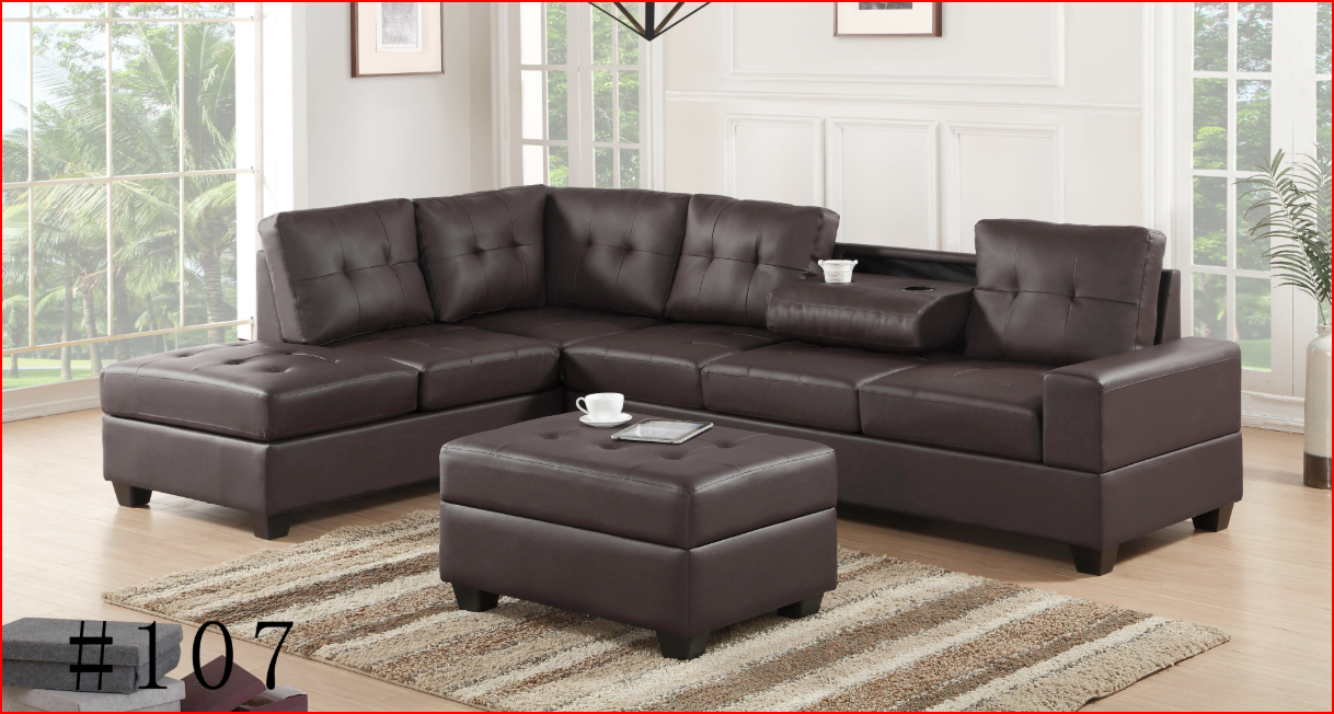 (ROMA ESPRESSO LEATHER)- REVERSIBLE- SECTIONAL SOFA- WITH STORAGE OTTOMAN- TEXT OR WHATSAPP 416 319 8851 FOR STOCK AVAILABILITY BEFORE PAYING