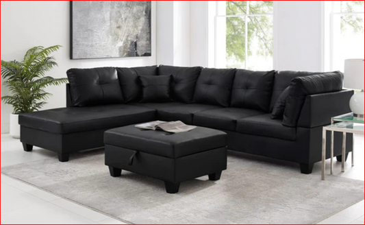 (COLLEGE BLACK LHF)- LEATHER SECTIONAL SOFA- WITH STORAGE OTTOMAN
