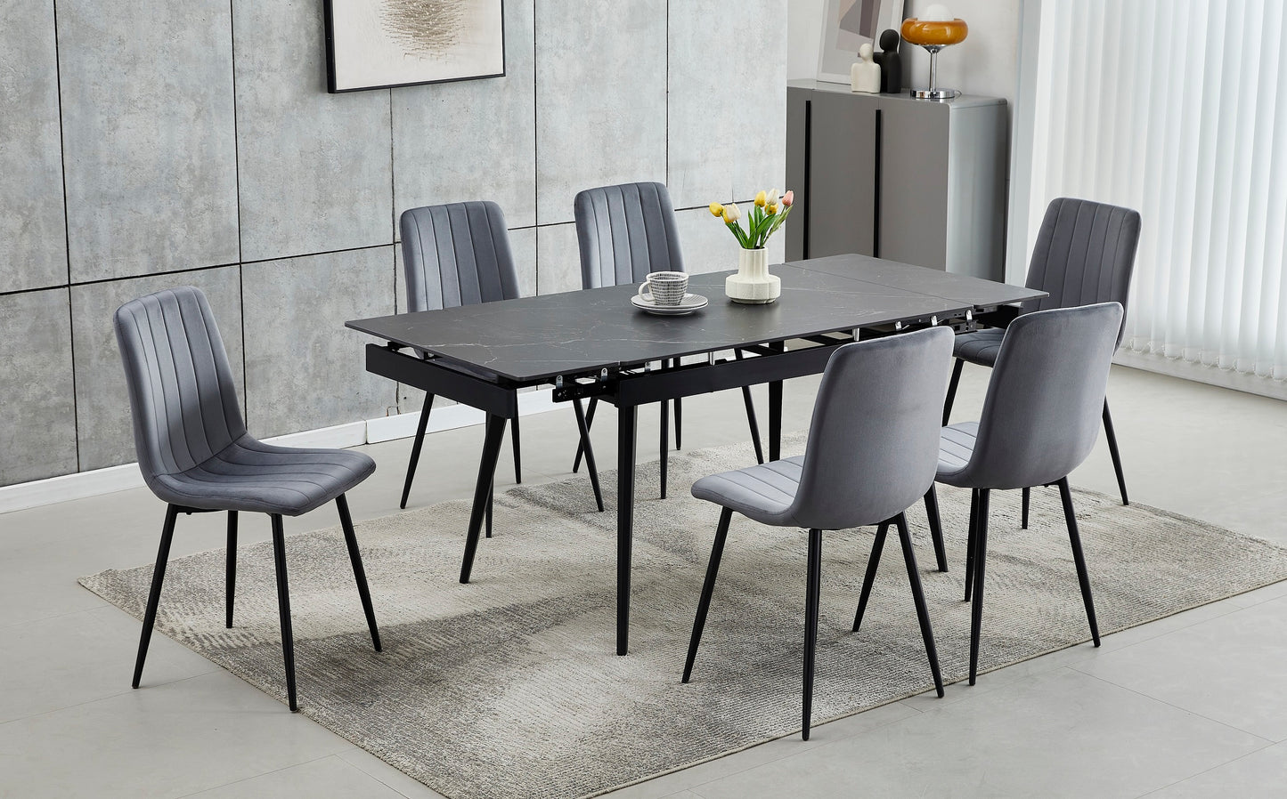 (1472- 1474 GREY- 7)- EXTENSION SINTERED STONE DINING TABLE WITH 6 VELVET CHAIRS