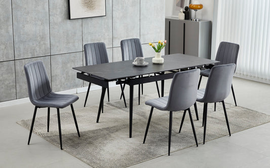 (1472- 1474 GREY- 7)- EXTENSION SINTERED STONE DINING TABLE WITH 6 VELVET CHAIRS