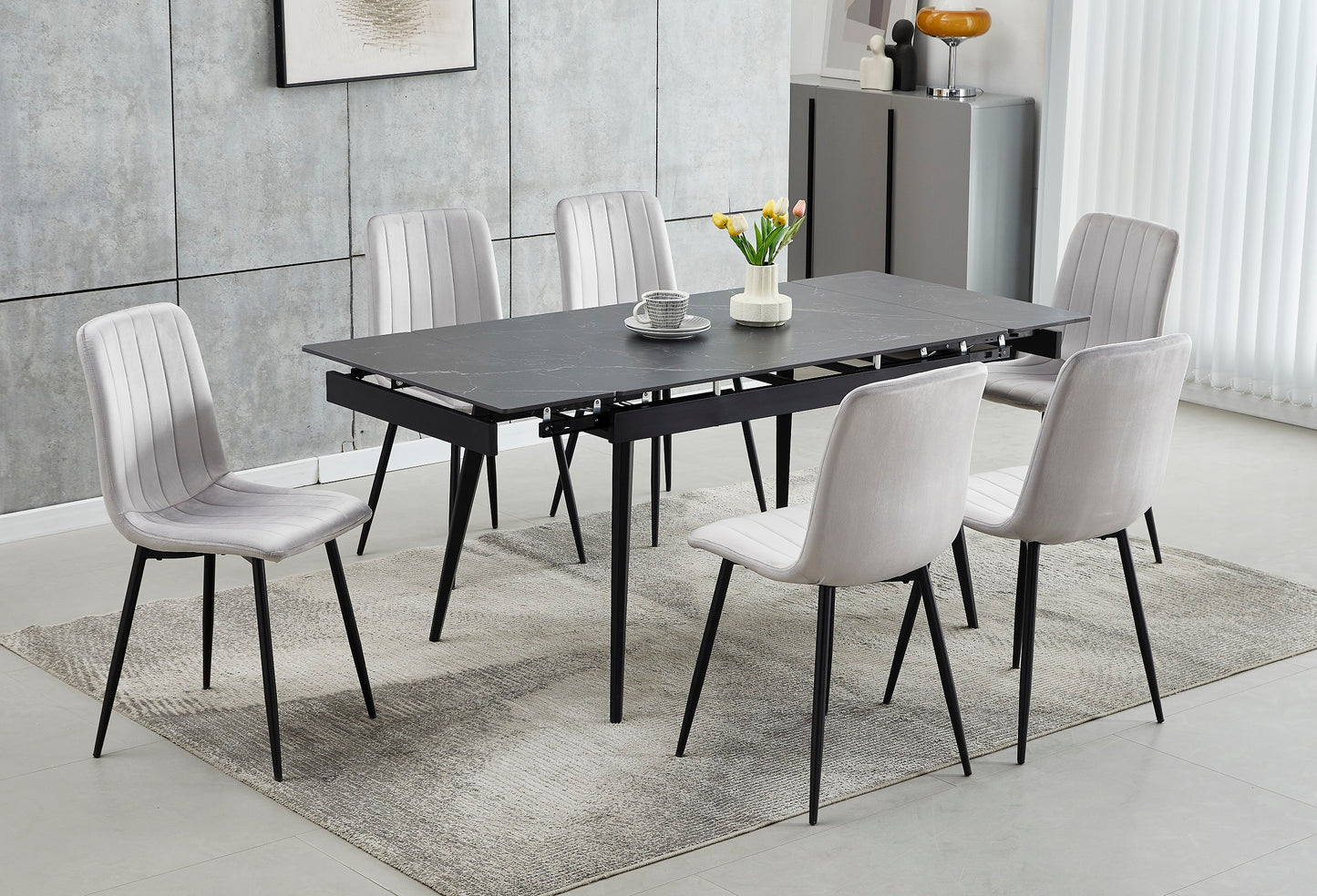 (1472- 1473 GREY- 7)- EXTENSION SINTERED STONE DINING TABLE WITH 6 VELVET CHAIRS