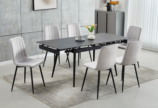 (1472- 1473 GREY- 7)- EXTENSION SINTERED STONE DINING TABLE WITH 6 VELVET CHAIRS