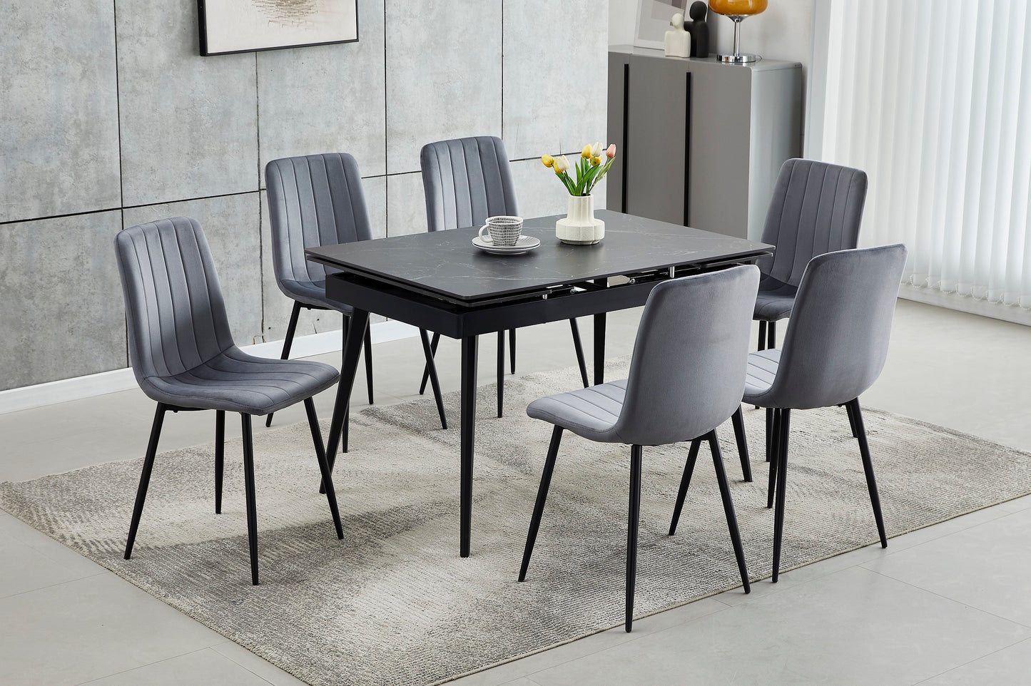 (1472- 1474 GREY- 7)- EXTENSION SINTERED STONE DINING TABLE WITH 6 VELVET CHAIRS